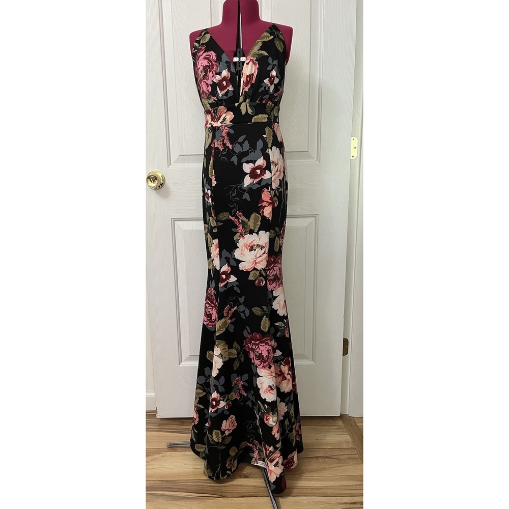 Carolina USA 90s Y2K Women Black Floral Mermaid Formal Gown PROM Dress Small